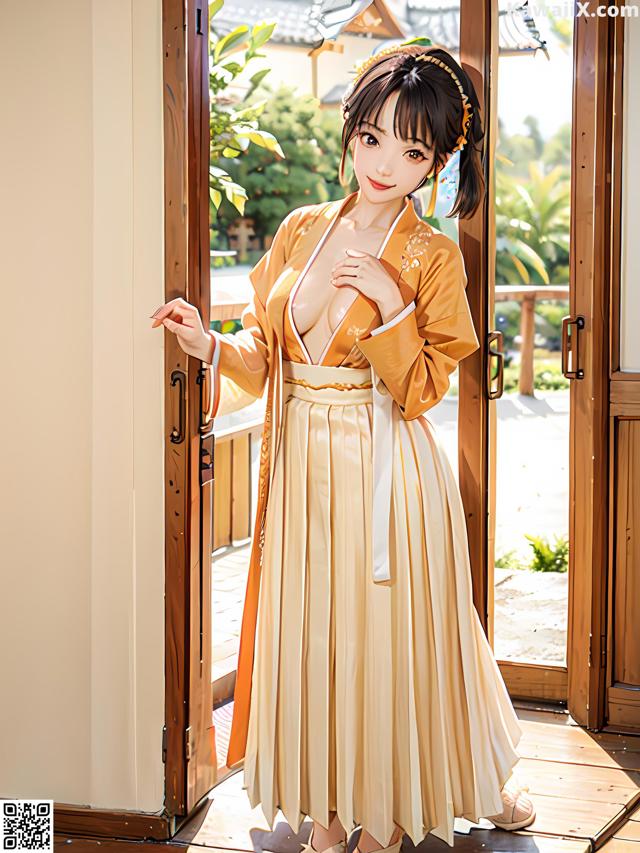 A woman in a yellow dress standing in front of a door.