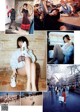 A collage of photos of a woman sitting on a brick wall.