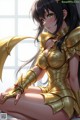 A woman in a gold outfit sitting on a bed.