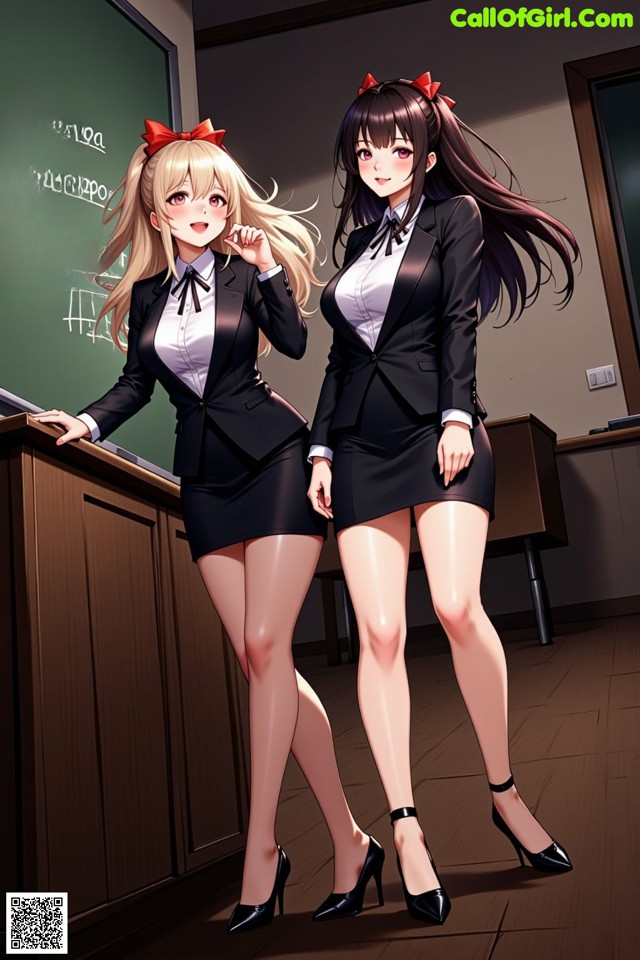 A couple of girls standing next to each other in front of a blackboard.