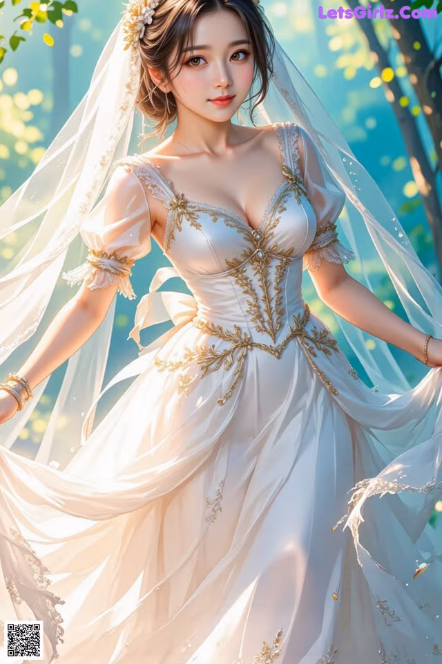 A woman in a white dress with a long veil.