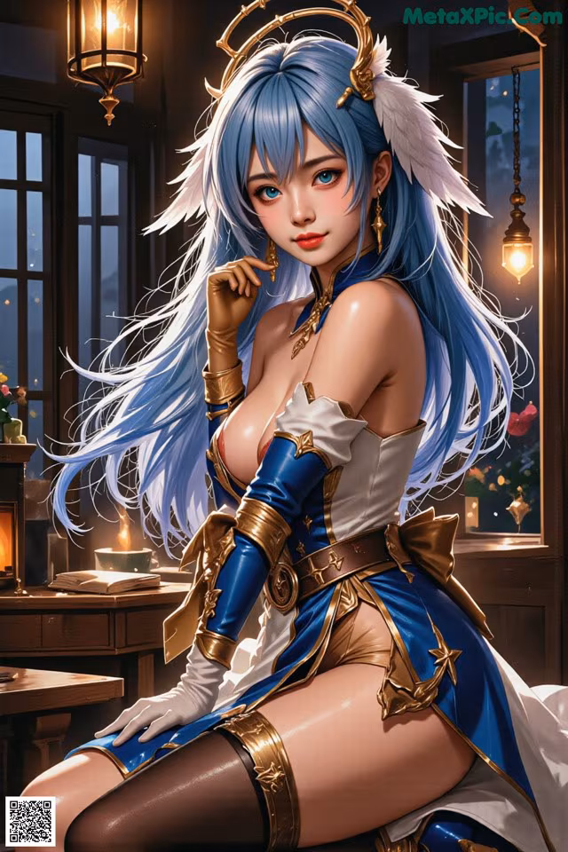A woman with long blue hair sitting on a table.